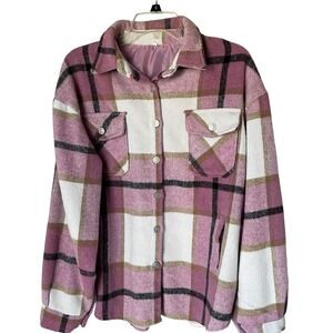 Pink and White Plaid Flannel Button Up Collared‎ Shirt Jacket, L